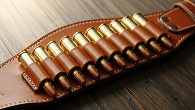 Leather ammunition belt with bullets on wooden surface for western enthusiasts