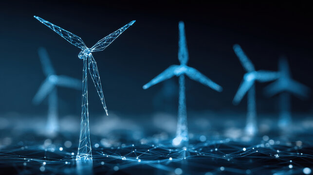 Abstract digital wind turbines generating clean energy in a futuristic design. a network of wind turbines, symbolizing sustainable energy and technological innovation.