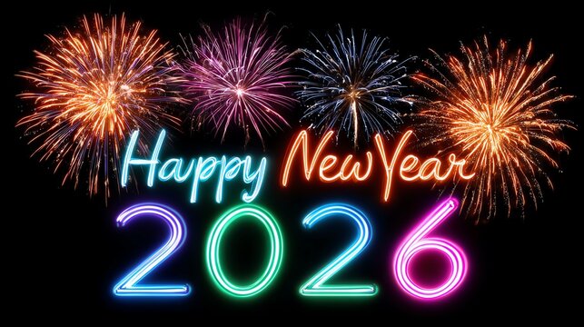 Celebrate the New Year with vibrant fireworks and colorful text wishing everyone a Happy New Year 2026. Perfect for greeting cards, party invitations, and festive celebrations.
