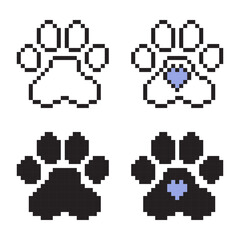 Pixel animal paw icons set. 8-bit pet pawprints with heart. Black and outline paws