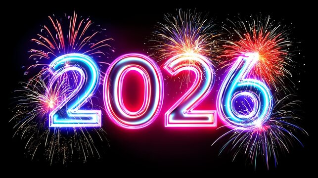 Colorful fireworks illuminate the night sky, celebrating the arrival of the year 2026. The vibrant displays represent joy, new beginnings, and the excitement of a fresh start.
