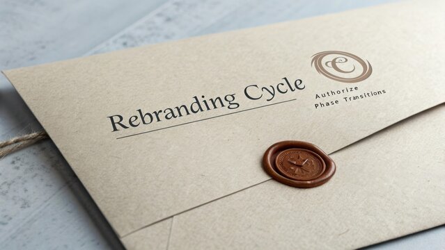 Vintage Invitation Envelope with Wax Seal and Rebranding Cycle Text on Rustic Wooden Background