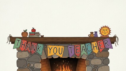 Warm Folk Art Illustration of Thank You Teacher Banner Over Fireplace