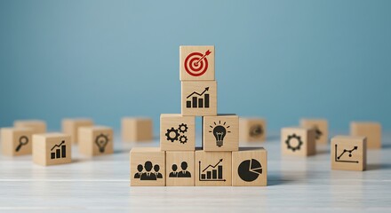 Reaching the Target: Focus on a red bullseye icon atop a structure of business-themed wooden blocks, symbolizing successful execution and leadership