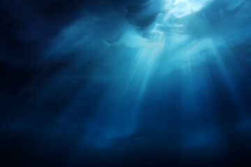 Serene underwater scene featuring soft, ethereal beams of light penetrating the deep blue ocean, creating a tranquil and mystical atmosphere