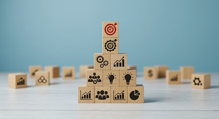 Corporate Development and Planning: Strategic blocks featuring symbols for human resources, technical gears, lightbulb ideas, and financial growth charts