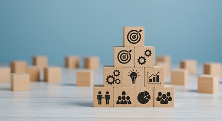 Path to Success A pyramid of wooden cubes showing the progression from team collaboration and process management to achieving the final business aim