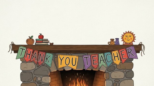 Warm Folk Art Illustration of Thank You Teacher Banner Over Fireplace
