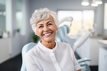 Portrait of happy elderly woman showing perfect smile after dental implant surgery in dentist office