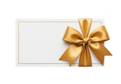 Blank white gift card or tag with elegant shiny gold satin ribbon bow isolated on transparent background - Powered by Adobe