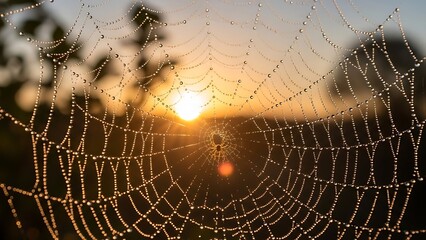 Golden Hour Spiderweb: Dew-Kissed Threads Silhouetted Against Sunset Glow.