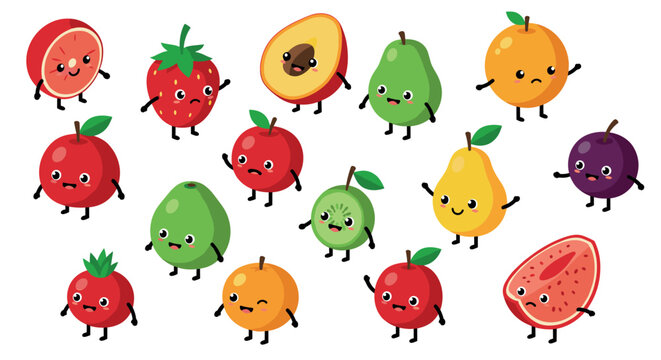 Cute kawaii fruit characters with happy faces and playful expressions