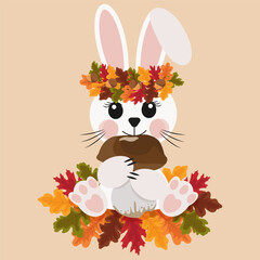 Cute Bunny with Mushroom in Autumn Leaves Wreath