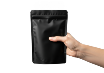 Hand holding a black matte stand up pouch with zipper closure for food packaging mockup isolated on transparent background