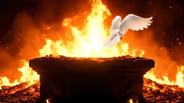 Burning funeral pyre consumes wooden coffin. Massive flame rises from cremation pyre. Dove flies through smoke above burning ritual. Memorial of life shown in fire and ember glow. Mourning release.