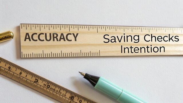 Wooden ruler laying on a white surface with the words accuracy saving checks intention in clear print for educational purposes