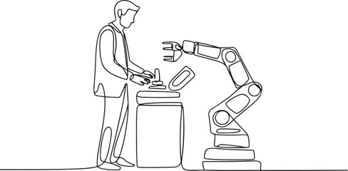 Continuous single line drawing of a man operating a factory machine with a robotic system. one line Icon drawing