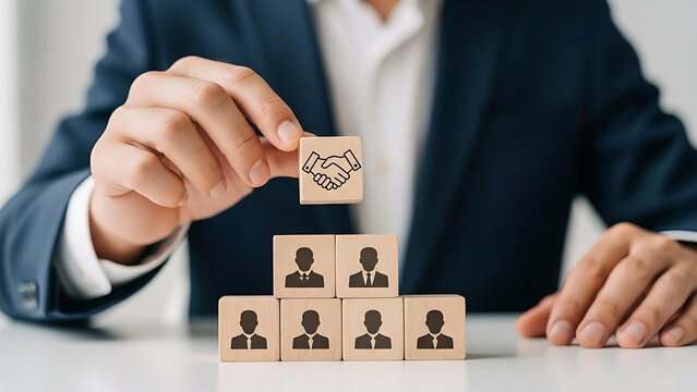 Strategic partnership stacking wooden blocks with team members for business growth and building a solid foundation for future success, cooperation concept
