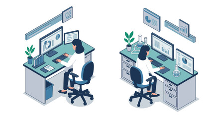 Obraz premium Modern isometric office scenes with professionals at desks and computers in a laboratory and office setting