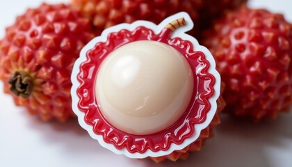 Elegant lychee sticker with a glossy finish on a background of fresh lychees