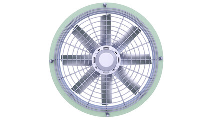 Industrial Fan - Wall Fan. Fan with cover and electric motor. Front view. 3D rendering isolated on white background. Ideal for professionals, educational, engineering, and industrial design. 