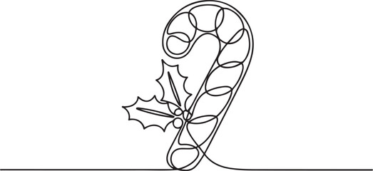 A single line drawing of a a candy cane with a leaf of holly. Continuous line christmas candy cane icon. One line icon. one line Icon drawing