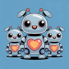 Obraz premium Adorable Robot Crew: A trio of friendly robots stand proudly together, their cute features and hearts symbols radiate positivity and affection, and bringing a touch of futuristic charm.