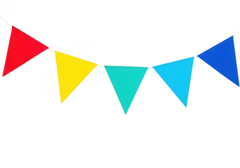 Colorful triangular pennant banner flags in a row, isolated on transparent background for party decoration or celebration event design