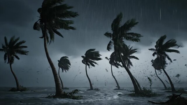 Palm trees battle a fierce tropical storm with heavy rain. Lightning flashes illuminate the dark, turbulent ocean scene.