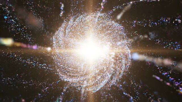 High-speed slow motion shot of millions of iridescent particles accelerating rapidly and converging into a centralized point of light showing energy transfer advance, Highspeed, galaxy