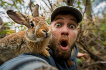Naklejka premium Wildlife biologist makes a funny face while taking a selfie with a wild rabbit perched on his shoulder