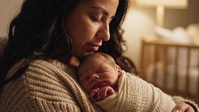 Emotional Moment of a Mother Loving Care and Gentle Bond with Newborn Baby in