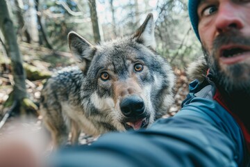 Naklejka premium Eurasian wolf making eye contact with a wildlife biologist taking a selfie in a natural environment