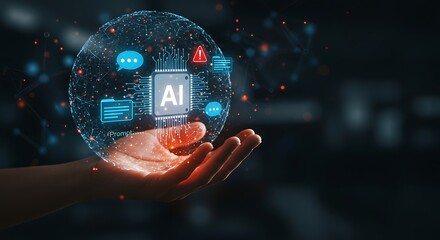 Future of Artificial Intelligence Conceptual image of a hand cradling a virtual world powered by AI, machine learning, and advanced digital automation