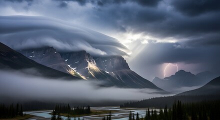 Dramatic mountain landscape under a stormy sky with lightning strikes