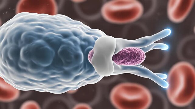 Detailed phagocytosis sequence showing a white blood cell wrapping around and absorbing a bacterial target
