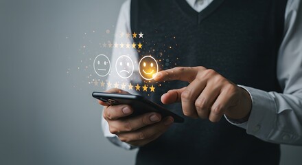 Customer Satisfaction Survey Man in a suit interacting with a digital rating system showing glowing icons for excellent service and support