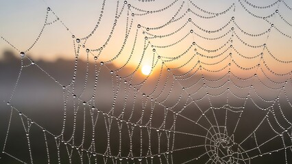 Dew-Kissed Spiderweb: Sunrise Through Delicate Filaments Sparkling Water Droplets.