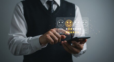 Customer Experience Excellence Businessman giving a five-star rating and happy face feedback on a virtual interface for service satisfaction