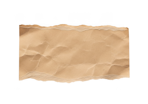 Torn piece of crumpled brown craft paper with rough edges isolated on transparent background for vintage design element