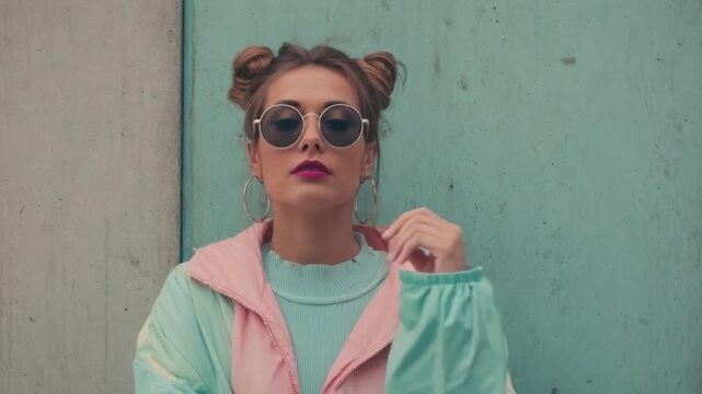 Stylish girl with two buns, round sunglasses, and a pastel windbreaker posing against a teal wall.