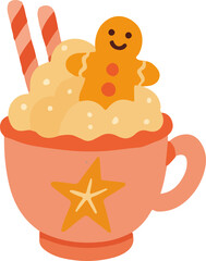 Cute christmas mug with whipped cream, gingerbread man cookie and candy canes. Festive winter drink illustration in pastel pink cup with star decor. Cozy holiday vector on transparent background.