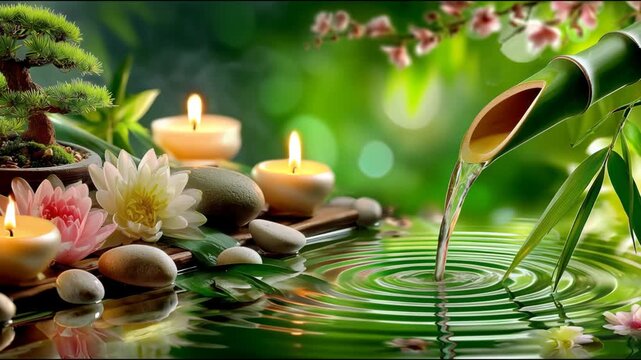 Tranquil spa scene with flowing water from a bamboo fountain, lotus flowers, and burning candles