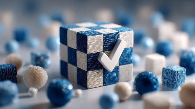 Modern 3D checkered cube with checkmark for business success and choices, vibrant blue and white design for innovation, decision making, and creative solutions