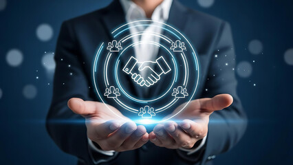 Strategic partnership and collaboration glowing in businessman's hands, fostering teamwork and growth, building strong connections to achieve shared success