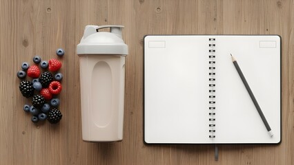 Overhead Flat Lay of a Protein Shaker Bottle, Mixed Berries (Raspberries, Blueberries, Blackberries), and a Blank Fitness/Diet Notebook with a Pencil, Sports Nutrition Planning Concept