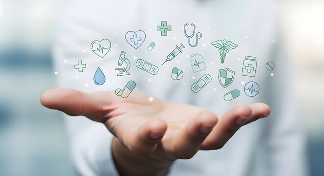 Doctor s hand holding a cluster of medical icons and symbols in a digital display - Powered by Adobe