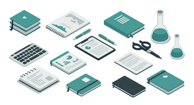 Isometric office supplies and documents collection for modern workspaces