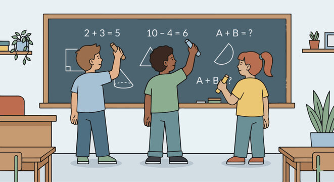 &ldquo;Kids solving math problems on a large chalkboard, clean flat vector look, simple outlines, minimal details.&rdquo;