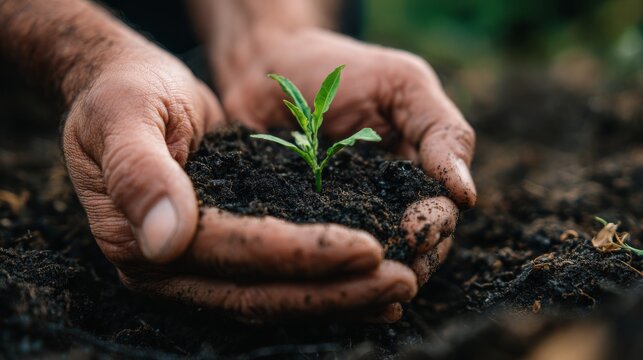 Hands holding soil with a small green plant sprouting. The scene emphasizes growth and sustainability in gardening or agriculture.